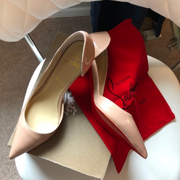 Shoes - Iriza Half-D'Orsay Nude Patent Leather Loub Heels